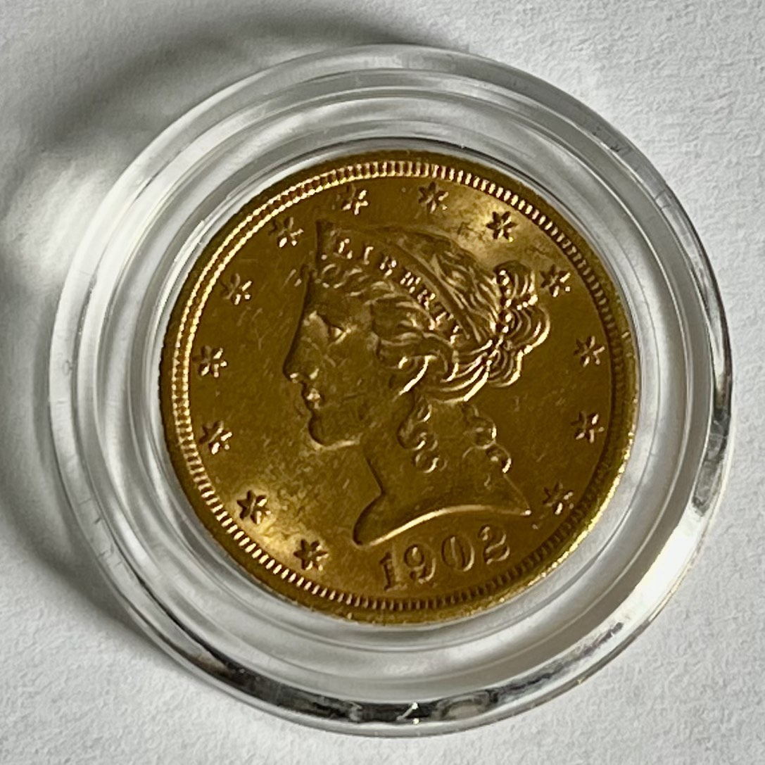 1902 $5 Liberty Head Half Eagle 0.2419 troy oz Gold Coin AU in Capsule