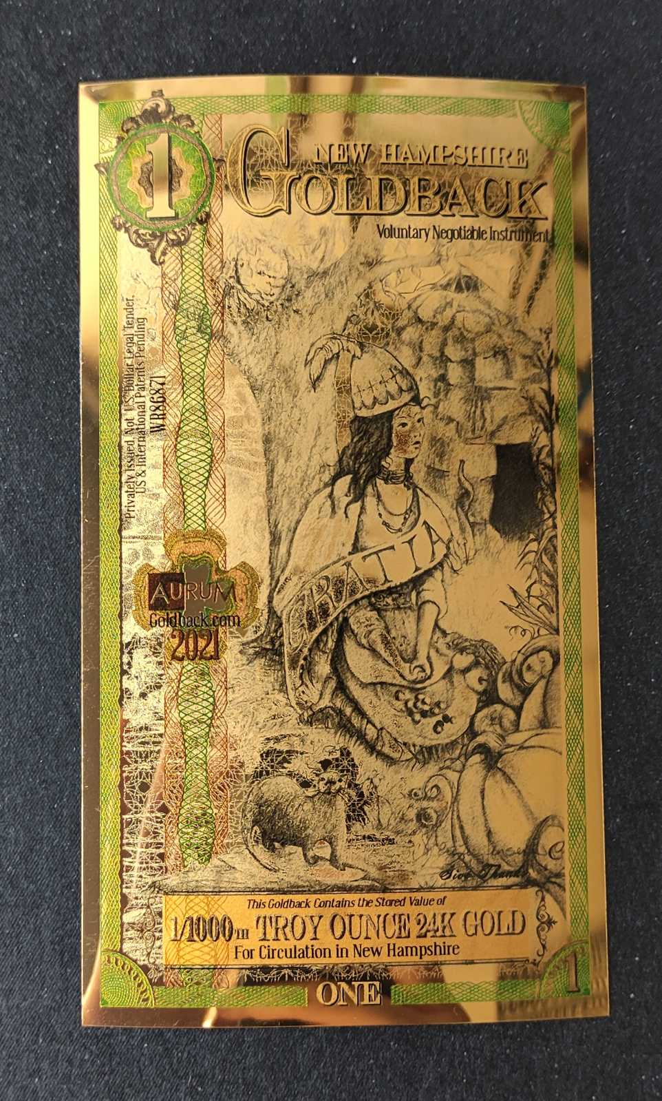 1 New Hampshire Goldback - Aurum Gold Foil Note (24k)