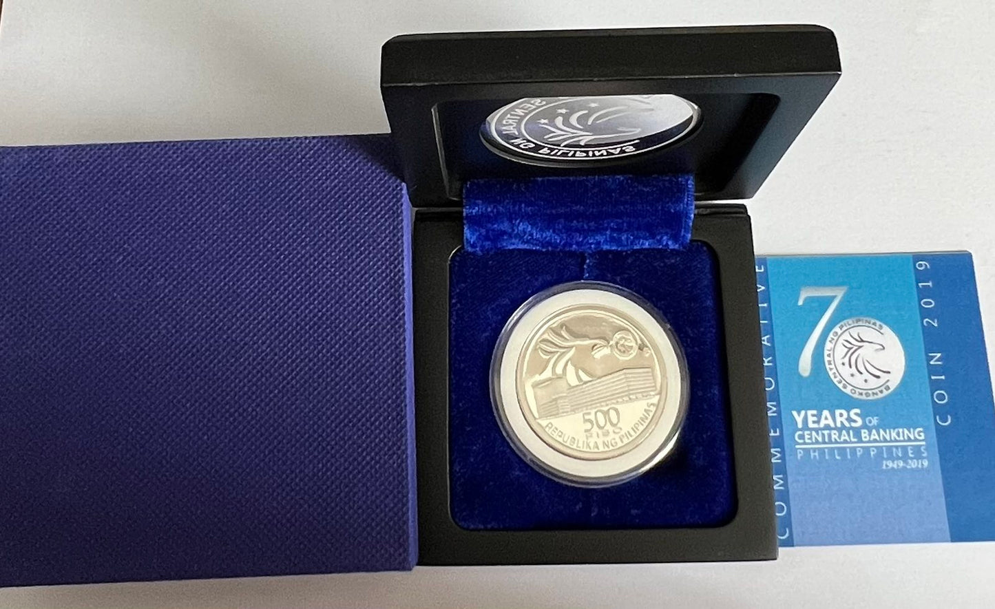 500 Piso 70 Years of Central Banking 28.28 grams Prooflike Silver Coin in Capsule with Case, Box, and COA
