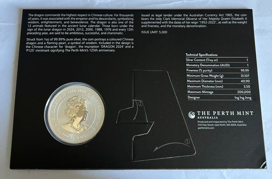 Australian Lunar Series III 2024 Year of the Dragon 1oz Silver Coloured Coin in Card