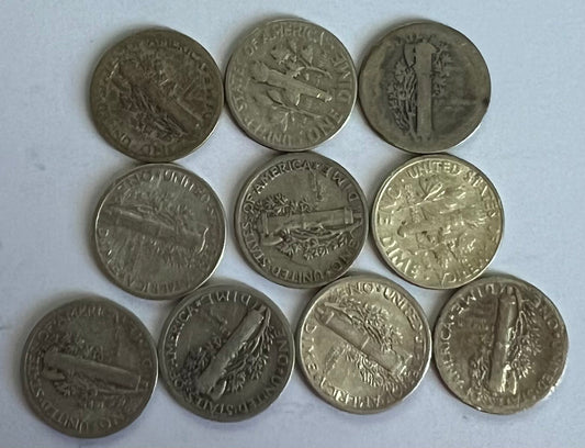 10 pieces One Dime "Mercury Dime" 1916-1945 (note: assorted condition and design)