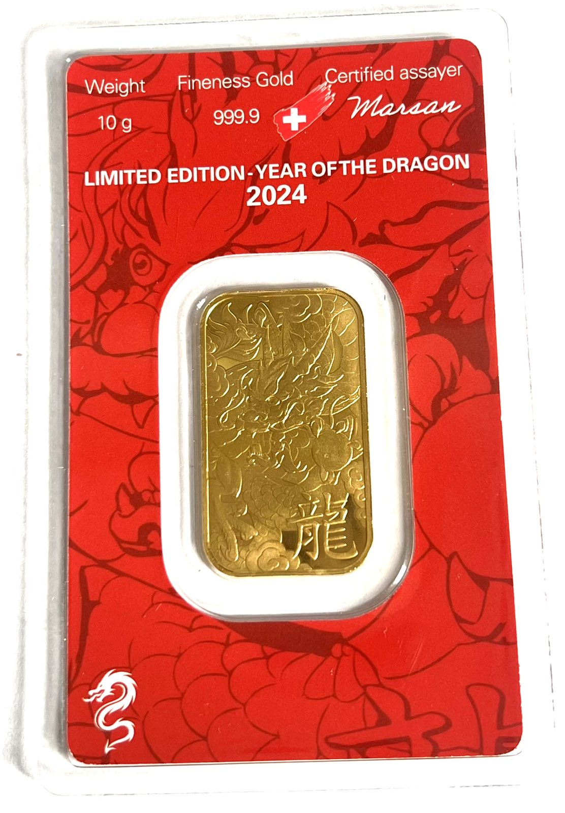 Argor-Heraeus 10 Gram Gold Bar Year of the Dragon in Assay