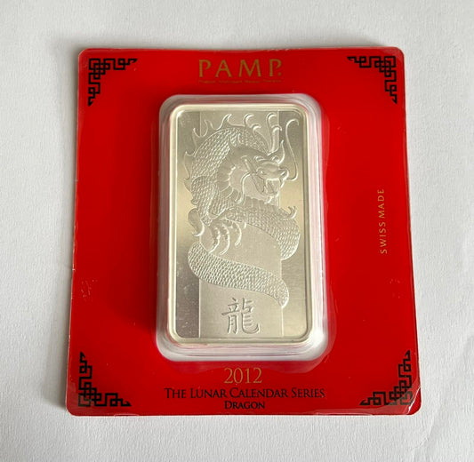 2012 PAMP Suisse Lunar Dragon 100 grams Silver Bar in Assay