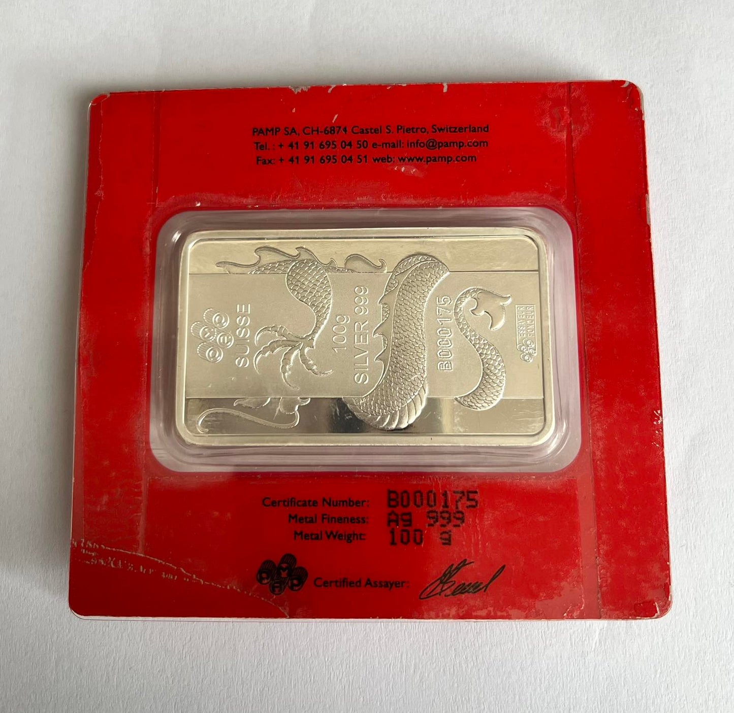 2012 PAMP Suisse Lunar Dragon 100 grams Silver Bar in Assay