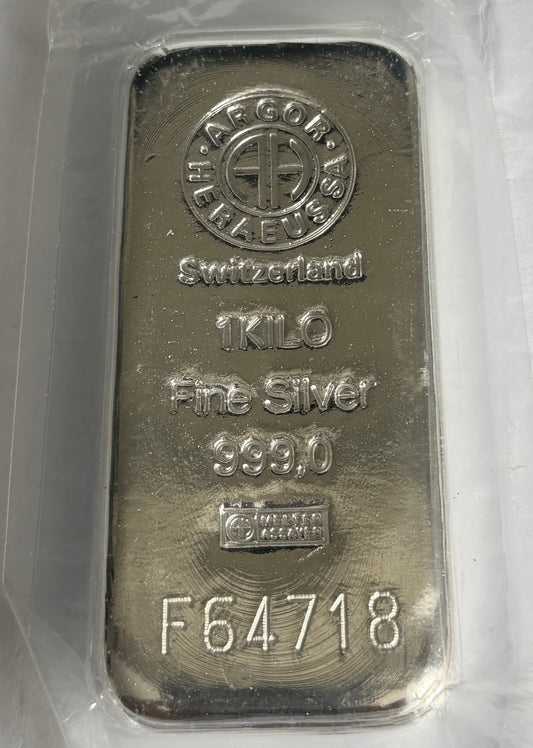 1kg Silver Bar - Argor Heraeus in Mint-Sealed Packaging