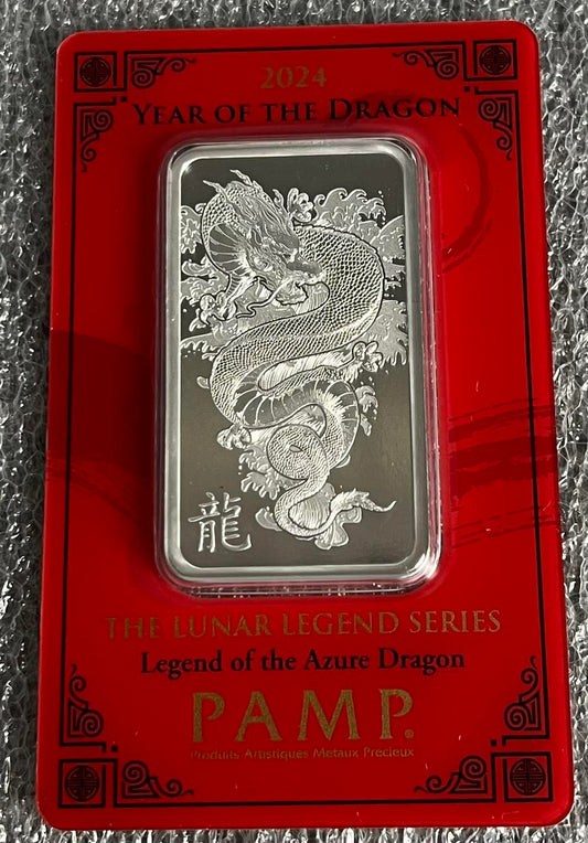 2024 Year of the Dragon - Legend of the Azure Dragon 1oz Silver Bar in Assay