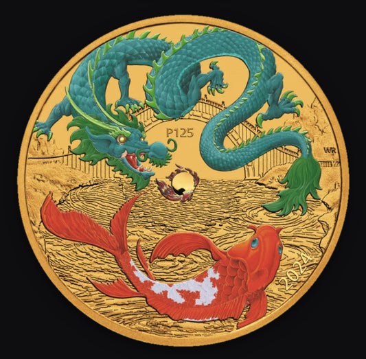 2024 AUS 1 oz Gold Colorized Dragon & Koi (Green Dragon)
