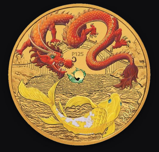 2024 AUS 1 oz Gold Colorized Dragon & Koi (Red Dragon)