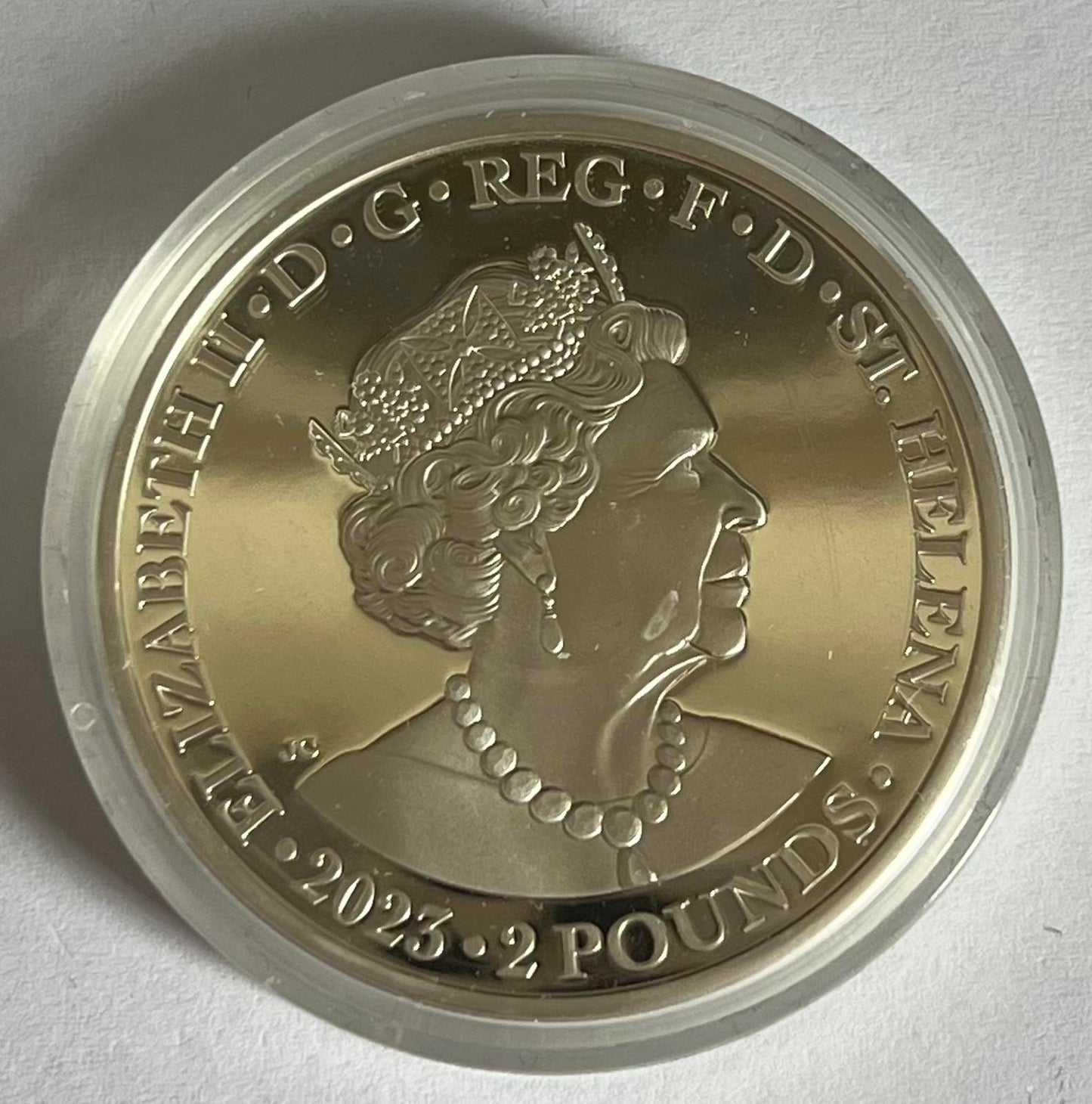 2023 St. Helena 2 oz Silver Faerie Queene Una & Lion Proof (Gilded) (note: with crack on capsule)
