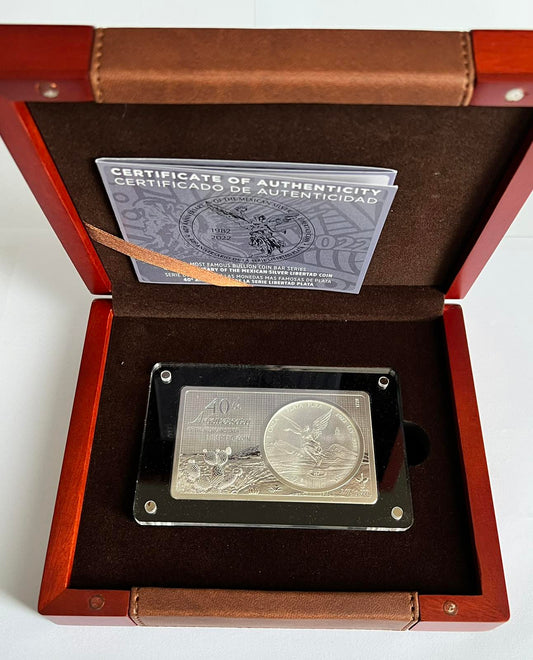 2022 Mexico 3 Ounce Silver Libertad 40th Anniversary Commemorative Set in Magnetic Acrylic Case with Presentation Case, Box, and COA