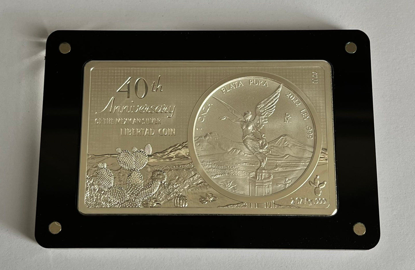 2022 Mexico 3 Ounce Silver Libertad 40th Anniversary Commemorative Set in Magnetic Acrylic Case with Presentation Case, Box, and COA