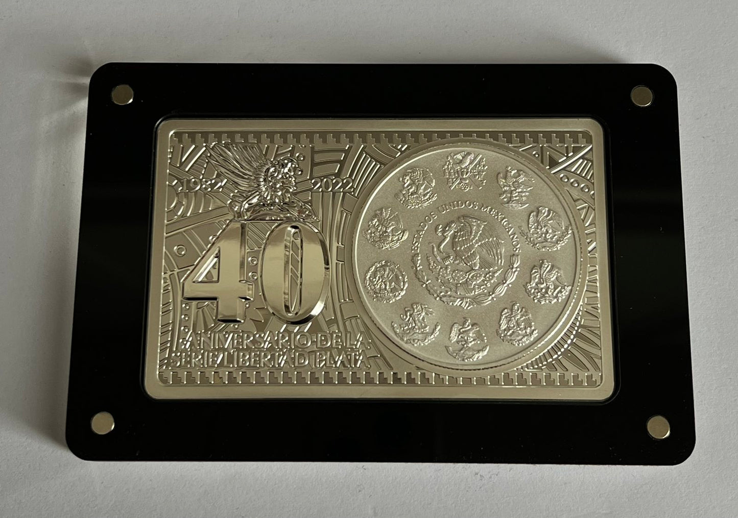 2022 Mexico 3 Ounce Silver Libertad 40th Anniversary Commemorative Set in Magnetic Acrylic Case with Presentation Case, Box, and COA