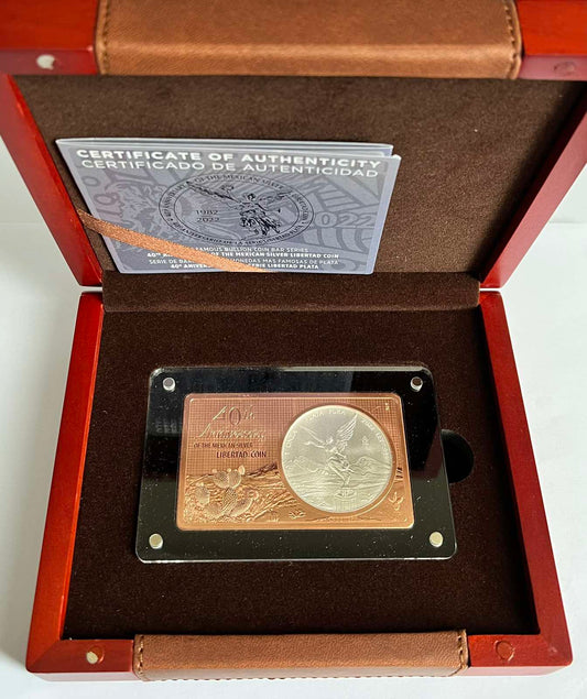 LIBERTAD 40th Anniversary 1 Oz Silver 2 Oz Copper Coin Bar Mexico 2022 in Magnetic Acrylic Case with Presentation Case, Box, and COA
