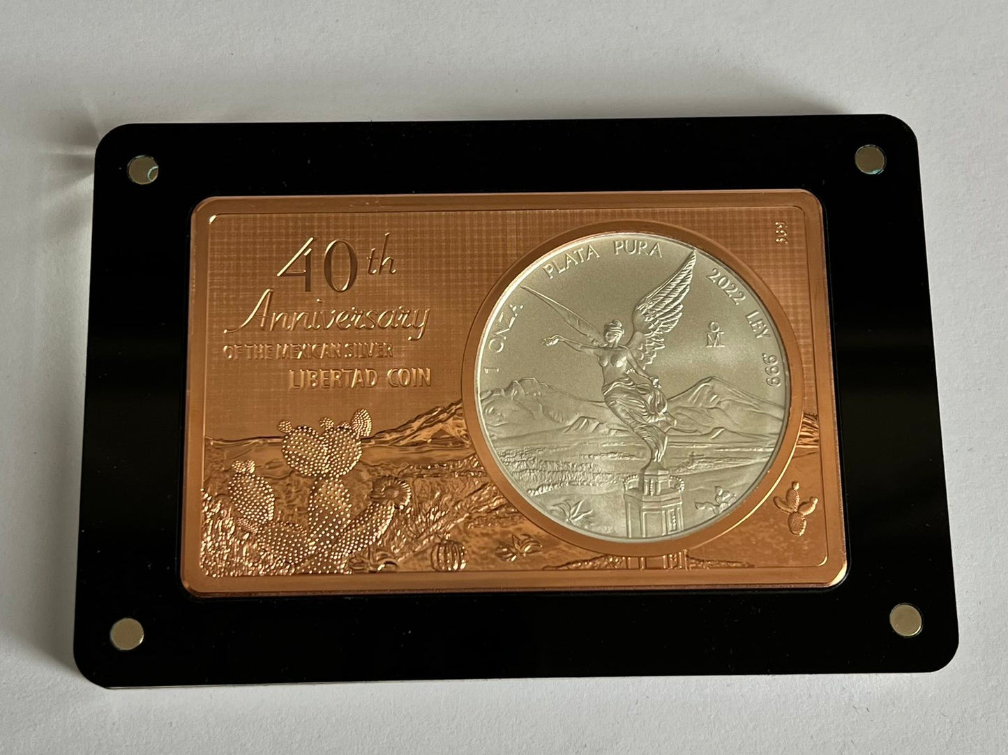 LIBERTAD 40th Anniversary 1 Oz Silver 2 Oz Copper Coin Bar Mexico 2022 in Magnetic Acrylic Case with Presentation Case, Box, and COA