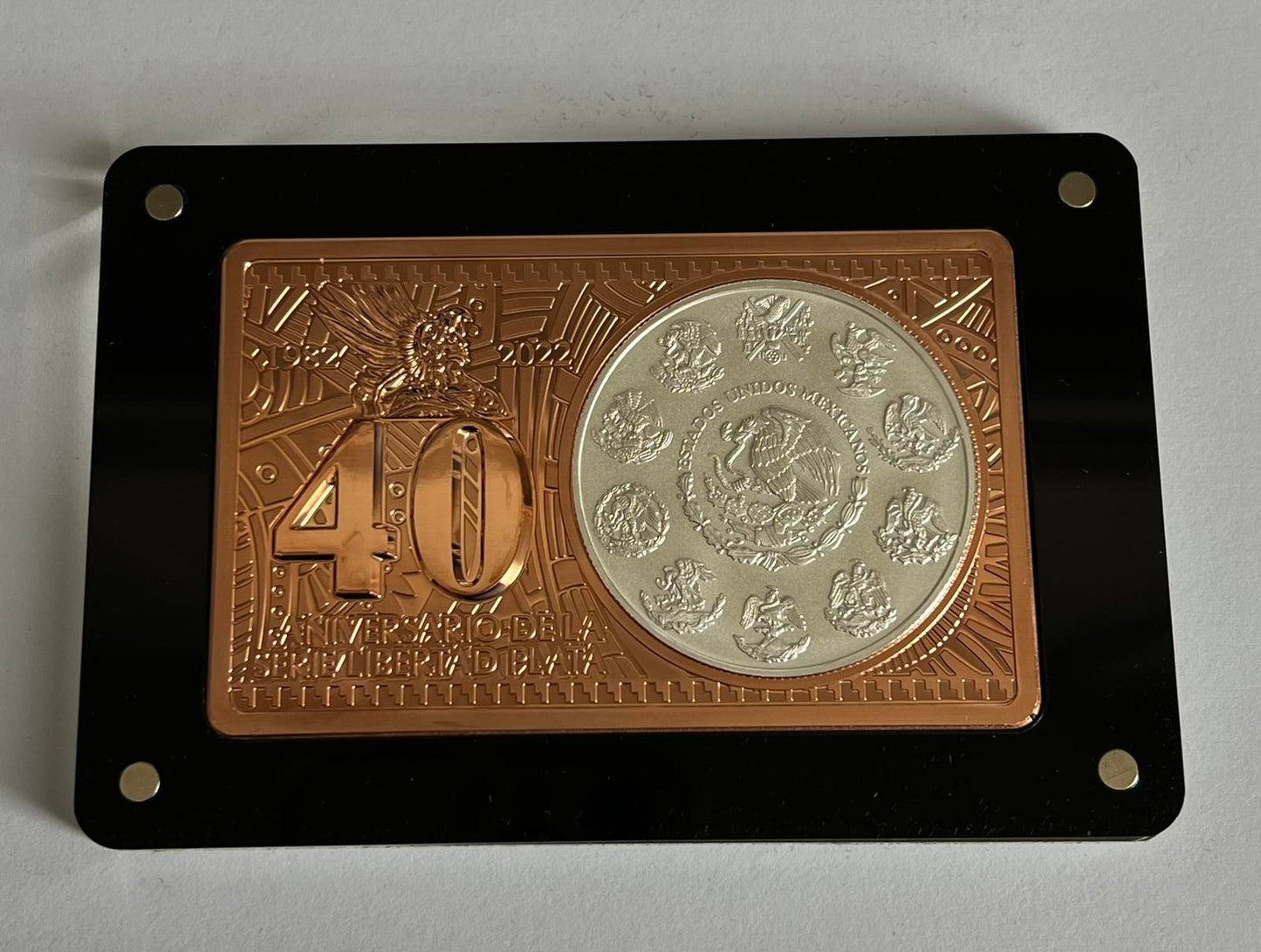 LIBERTAD 40th Anniversary 1 Oz Silver 2 Oz Copper Coin Bar Mexico 2022 in Magnetic Acrylic Case with Presentation Case, Box, and COA