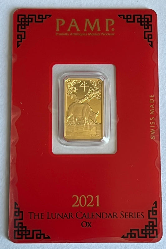 PAMP Lunar Ox 5g Gold Bar in Assay