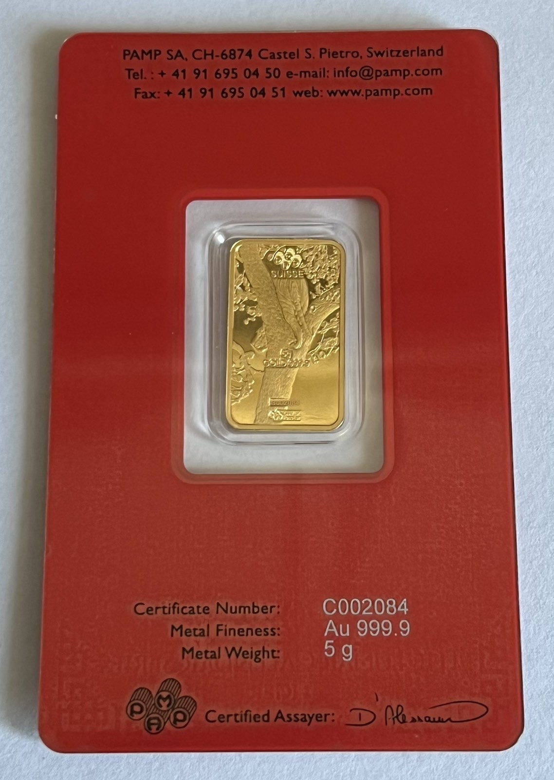 PAMP Lunar Tiger 5g Minted Gold Bar in Assay