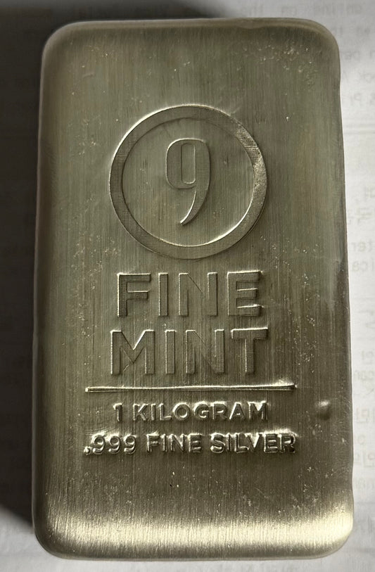 1 kilo Cast-Poured Silver Bar - 9Fine Mint