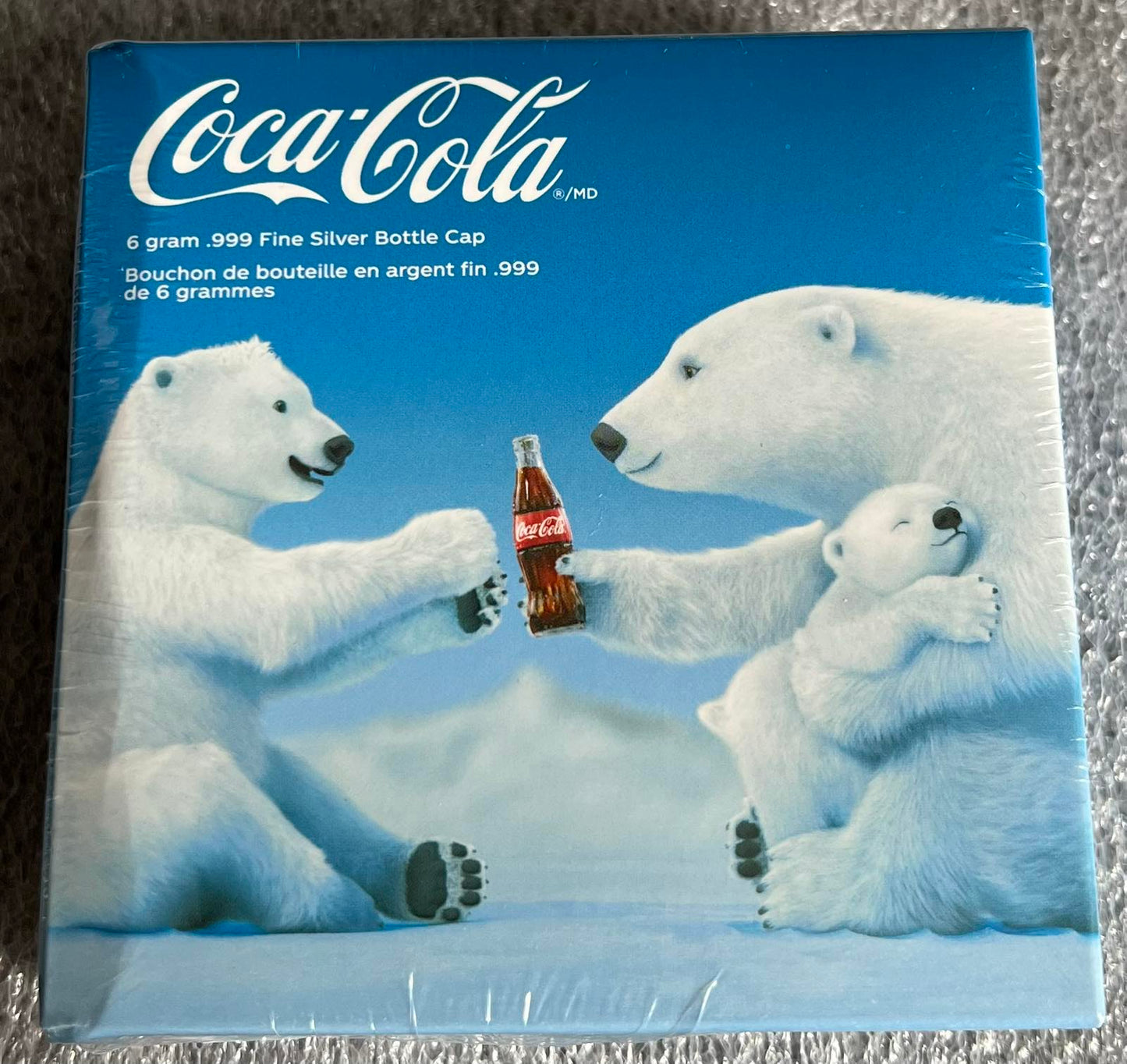 Coca-Cola® Polar Bear 6 grams Silver Bottle Cap Ornament with Box (note: in sealed packaging)