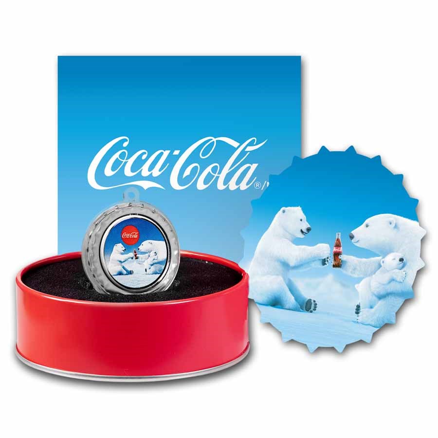 Coca-Cola® Polar Bear 6 grams Silver Bottle Cap Ornament with Box (note: in sealed packaging)