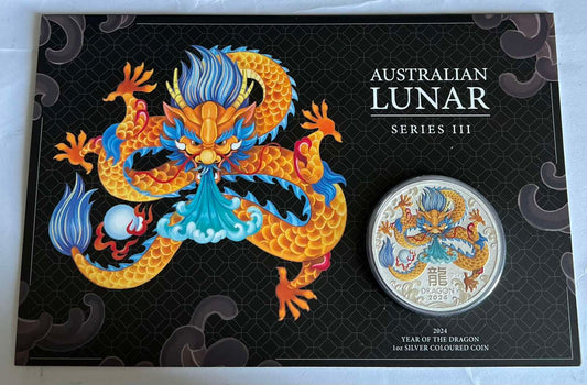 Australian Lunar Series III 2024 Year of the Dragon 1oz Silver Coloured Coin in Card