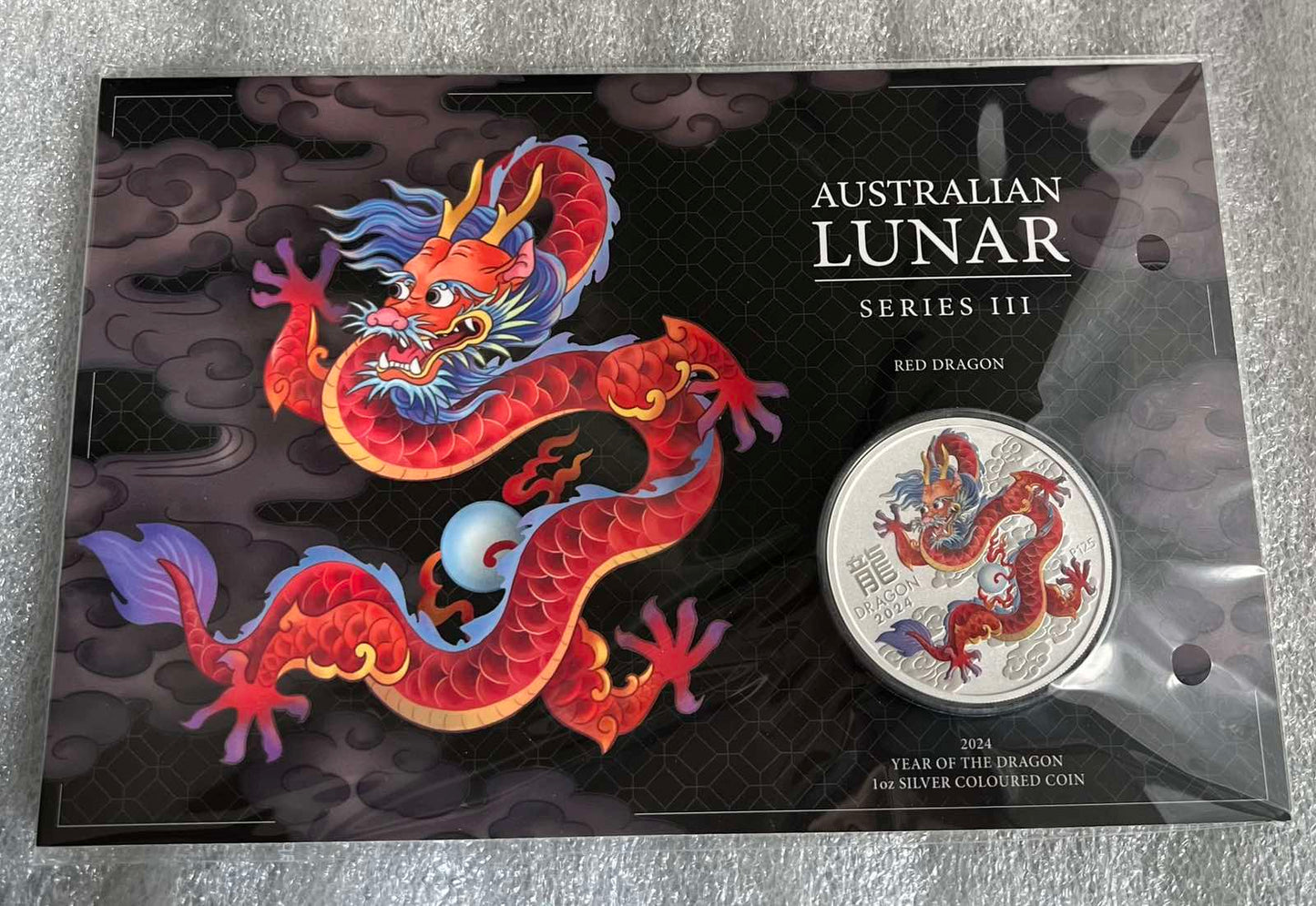 2024 Australia 1 oz Silver Lunar Colorized Red Dragon in Card