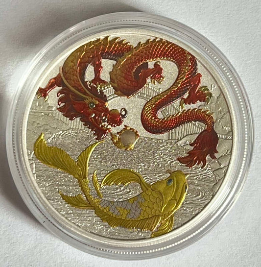 2023 Australia Chinese Myths and Legends Red Dragon and Koi 1 oz Colorized Silver Coin BU in Capsule