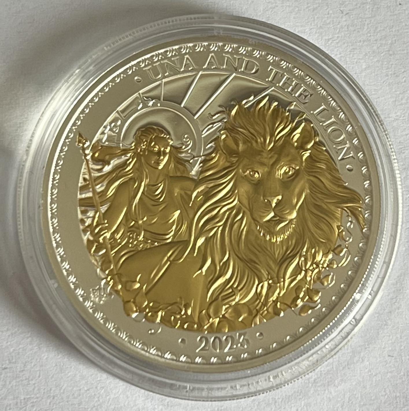 2023 St. Helena Una and the Lion 1 oz Gilded Proof Silver Coin in Capsule with Case and COA