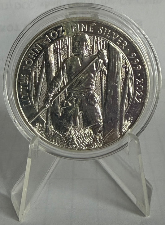 2022 Great Britain Myths and Legends: Little John 1 oz Silver Coin in Capsule (note: contains milk spots)