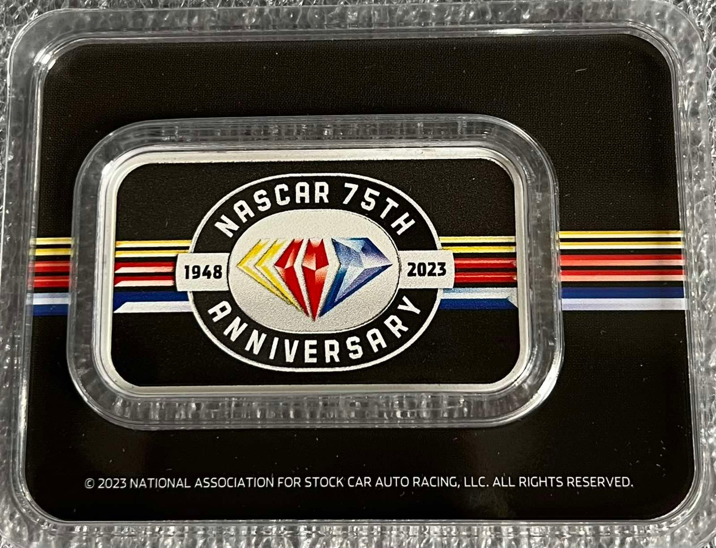 NASCAR Double Sided 1 oz Colorized Silver Bar in Tamper-Evident Packaging