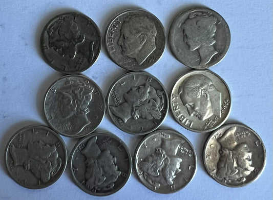 10 pieces One Dime "Mercury Dime" 1916-1945 (note: assorted condition and design)
