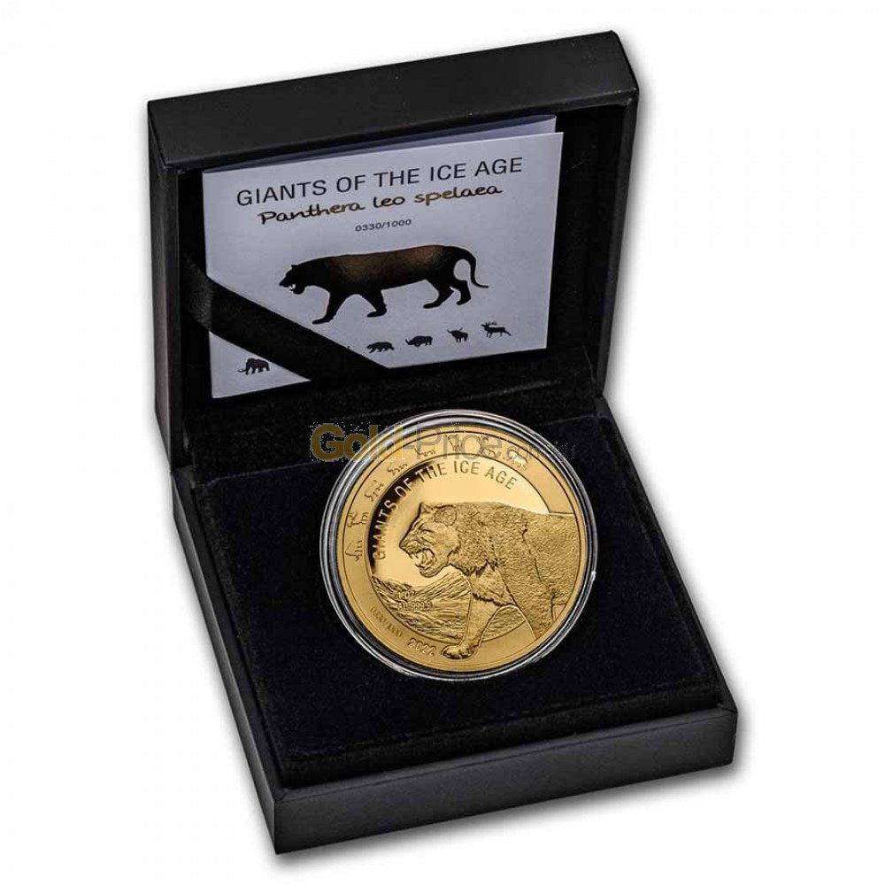 2022 Ghana Giants of the Ice Age: Cave Lion 1 oz Gold Coin BU in Capsule with Box and COA