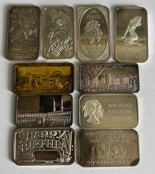 1 oz Circulated Silver Bar - Random Design (note: contains toning and marks, and with no capsule; other designs not shown on pic)