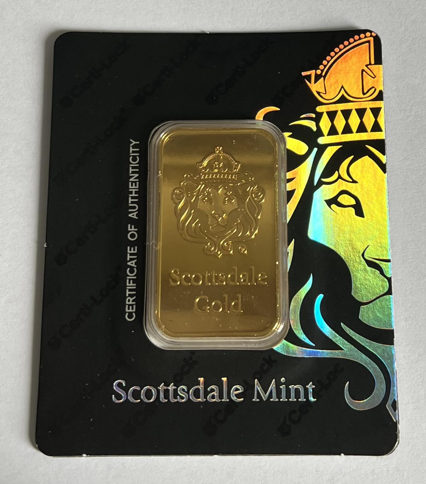 1 oz Gold Bar - Scottsdale Mint Certi-Lock® (Lion, Black Assay)