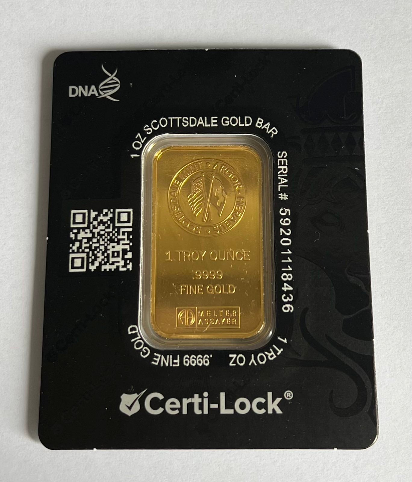 1 oz Gold Bar - Scottsdale Mint Certi-Lock® (Lion, Black Assay)