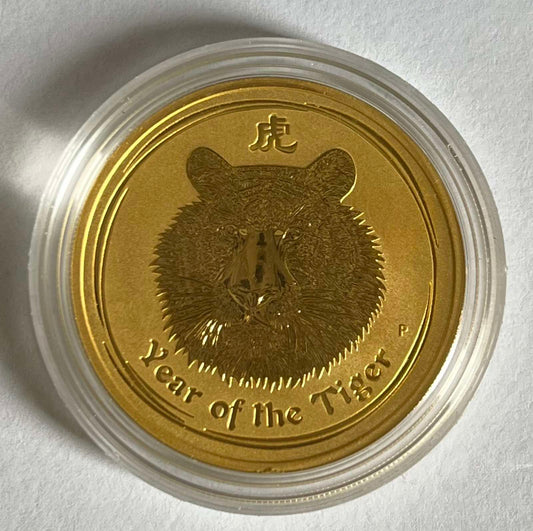 2010 Australia Lunar Tiger 2 oz Gold Coin in Capsule (Note: Has dent. See photos.)