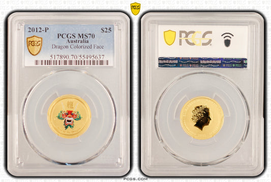 2012-P $25 Year of the Dragon 1/4oz Limited Edition Gold Coin PCGS MS70