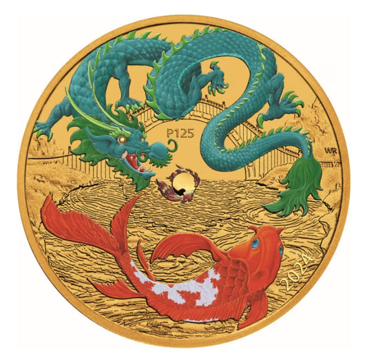 2024 AUS 1 oz Gold Colorized Dragon & Koi (Green Dragon)
