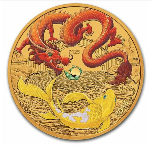 2024 AUS 1 oz Gold Colorized Dragon & Koi (Red Dragon)