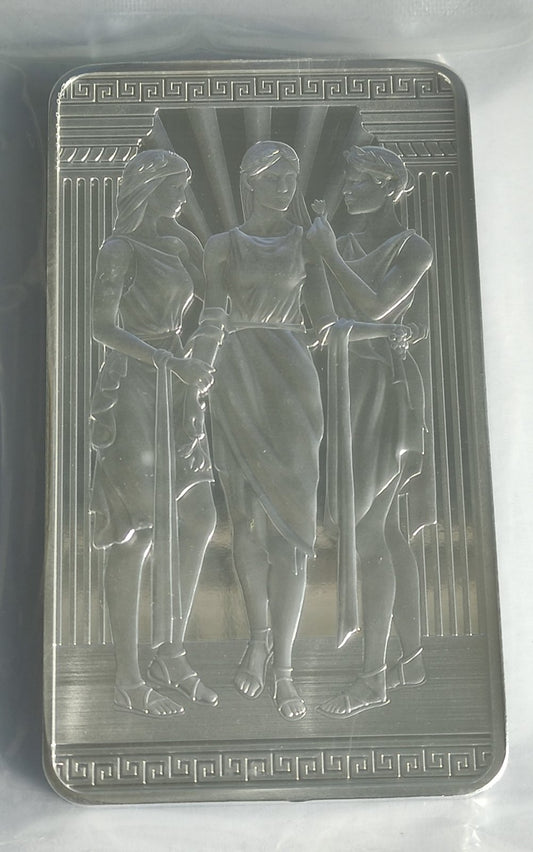 Three Graces 10 oz Silver Bar in Sealed Plastic (note: contains very minor toning)