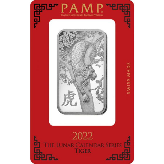 2022 PAMP Suisse Lunar Year of the Tiger 1 oz Silver Bar in Assay