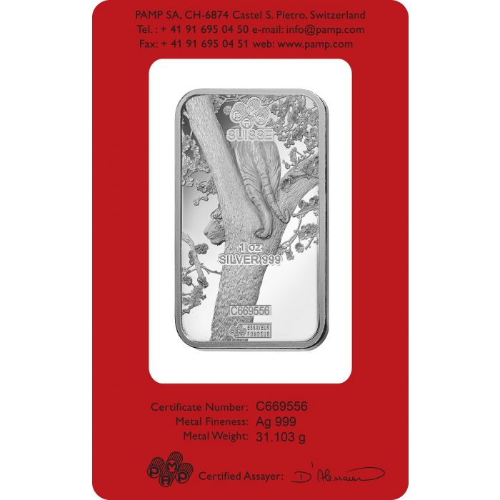 2022 PAMP Suisse Lunar Year of the Tiger 1 oz Silver Bar in Assay