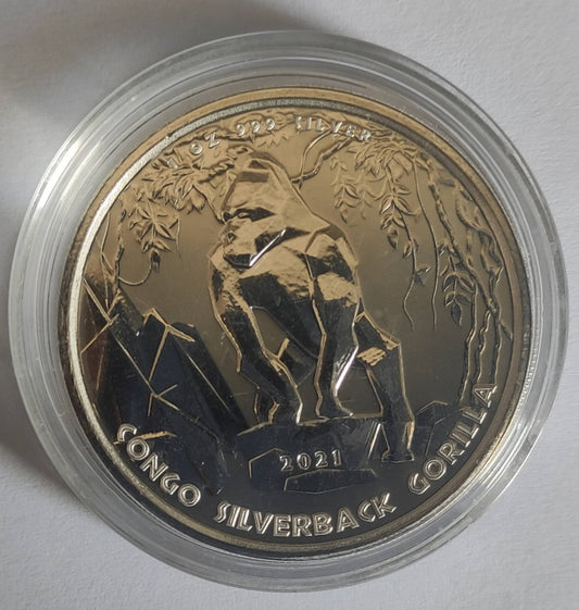 2021 Republic of Congo Silverback Gorilla 1 oz Prooflike Silver Coin in Capsule