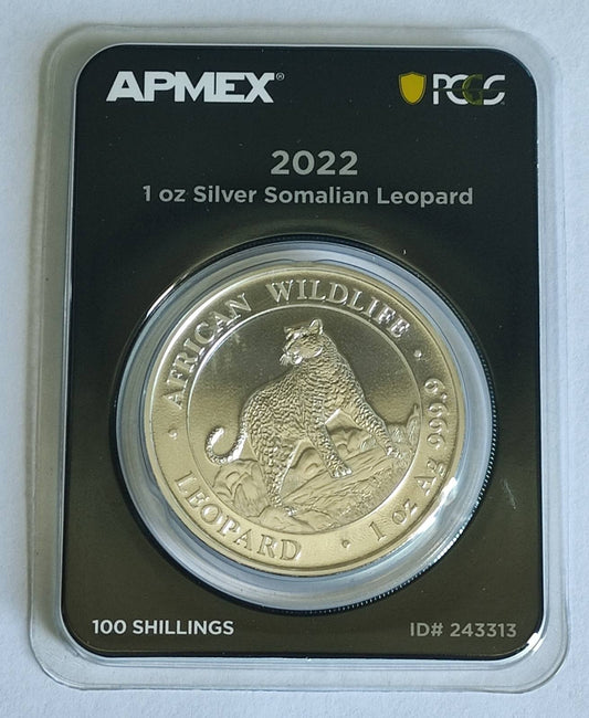 2022 Somalia Leopard 1 oz Silver Coin in MintDirect Premier Packaging + PCGS FirstStrike Eligible
