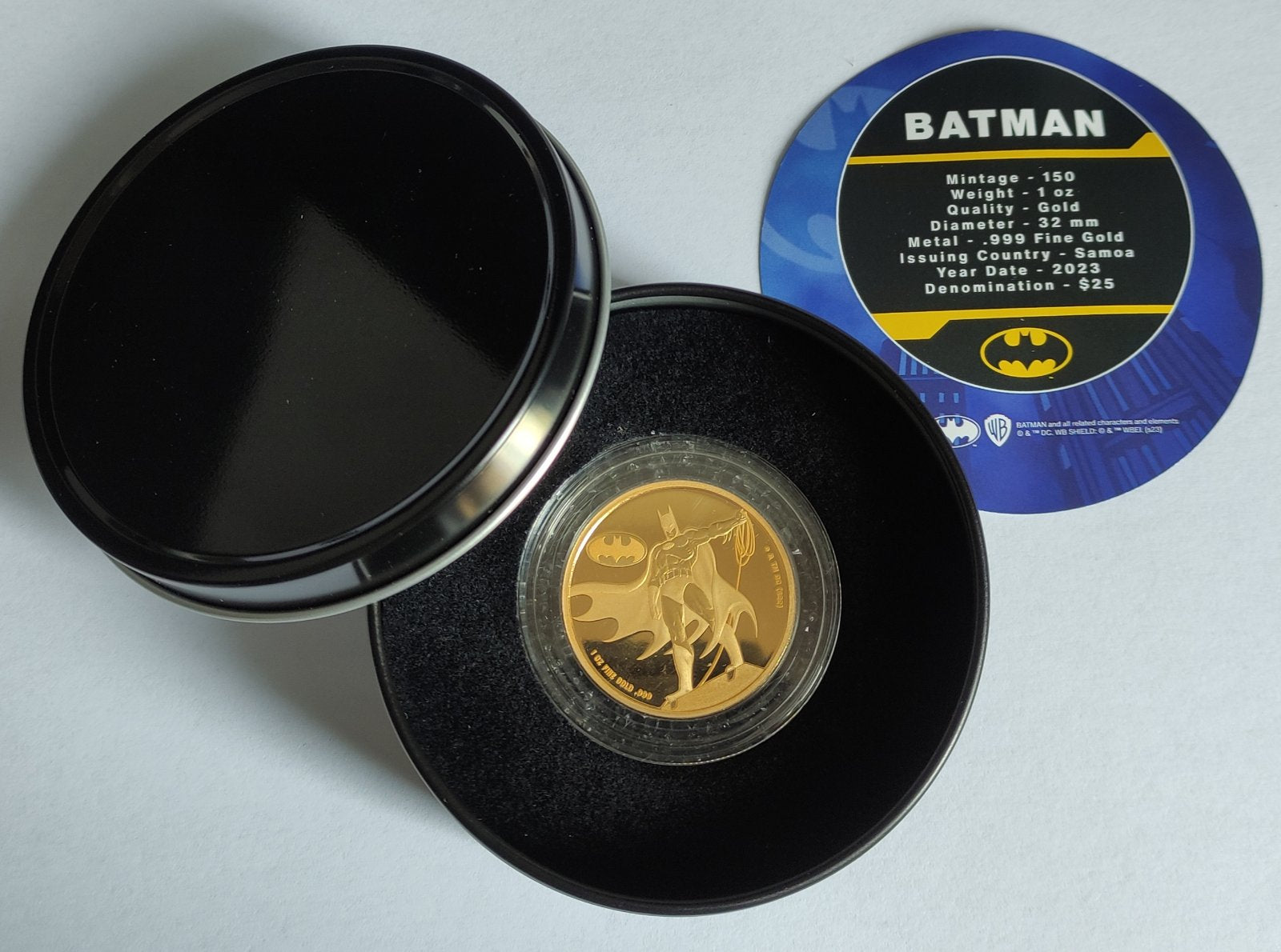 2023 Samoa Batman 1 Oz Gold Coin In Capsule With Tin Can Sleeve And 2023-samoa-batman-1-oz-gold-coin-in-capsule-with-tin-can-sleeve-and