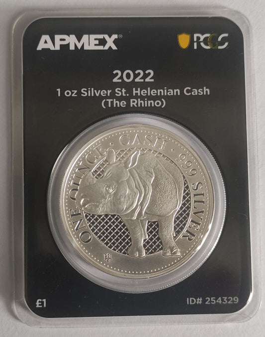 2022 St. Helena Cash Series: Rhino 1 oz Silver Coin in MintDirect Premier Packaging + FirstStrike Eligible