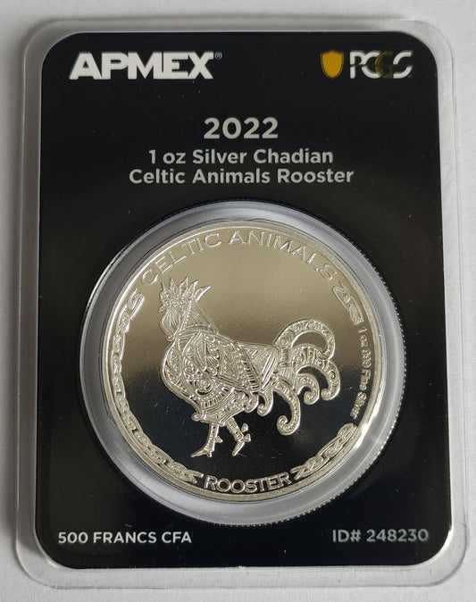 2022 Chad Celtic Rooster 1 oz Silver Coin in MintDirect Premier Packaging + PCGS FirstStrike Eligible