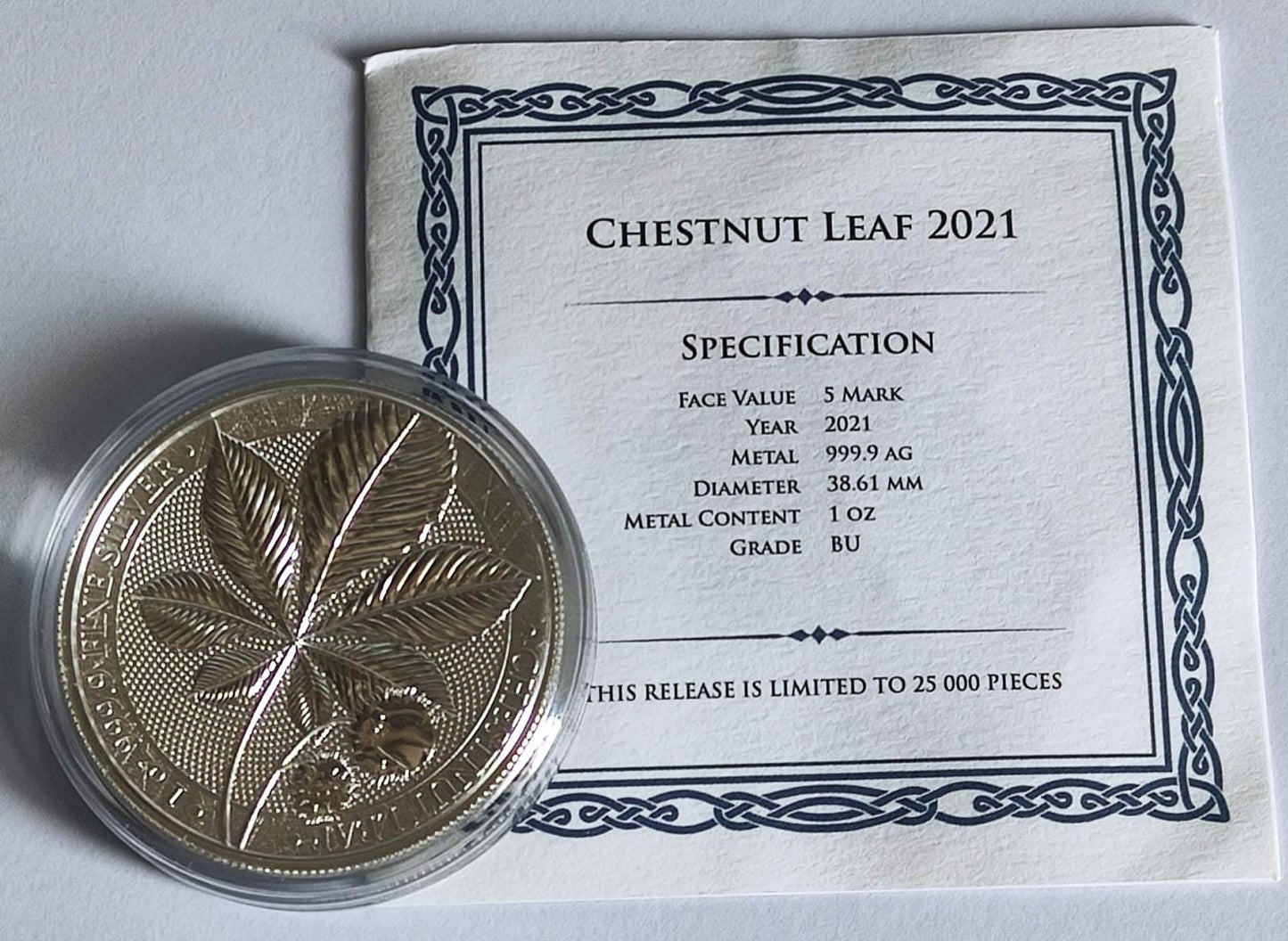 2021 Germania Chestnut Leaf 1 oz Silver Coin BU in Capsule with COA