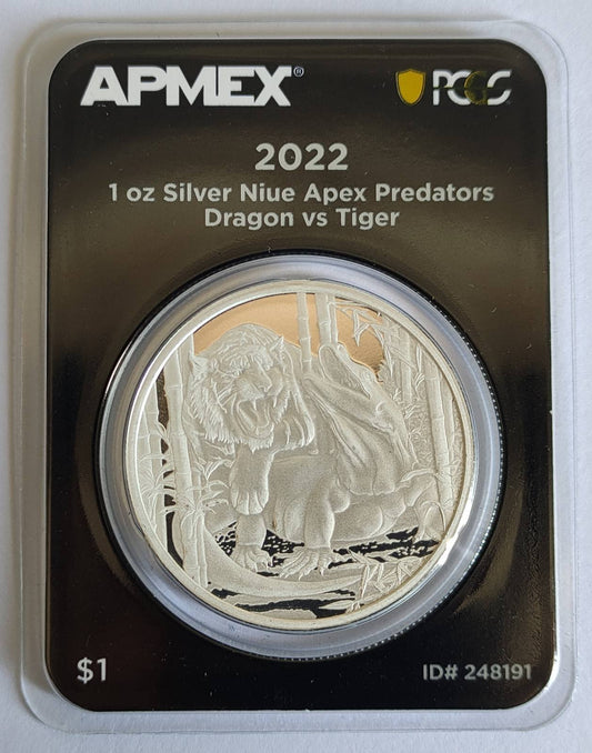 2022 Niue Apex Predators: Komodo Dragon v. Tiger 1 oz Silver Coin in MintDirect Premier Packaging + PCGS FirstStrike Eligible