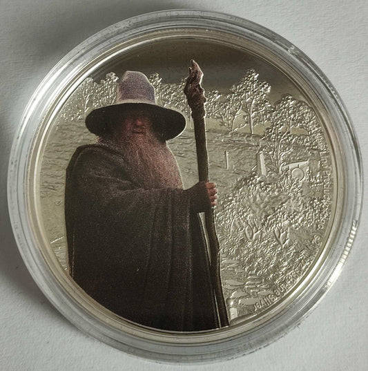 2021 Niue The Lord of the Rings: Gandalf the Grey 1 oz Proof Silver Coin in Capsule with Presentation Case, Box, and COA